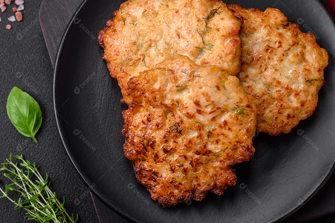 Deliciosos legumes grelhados, abobrinha, berinjela, pimentão e cogumelos com sal, especiarias e ervas sobre um fundo escuro de concreto