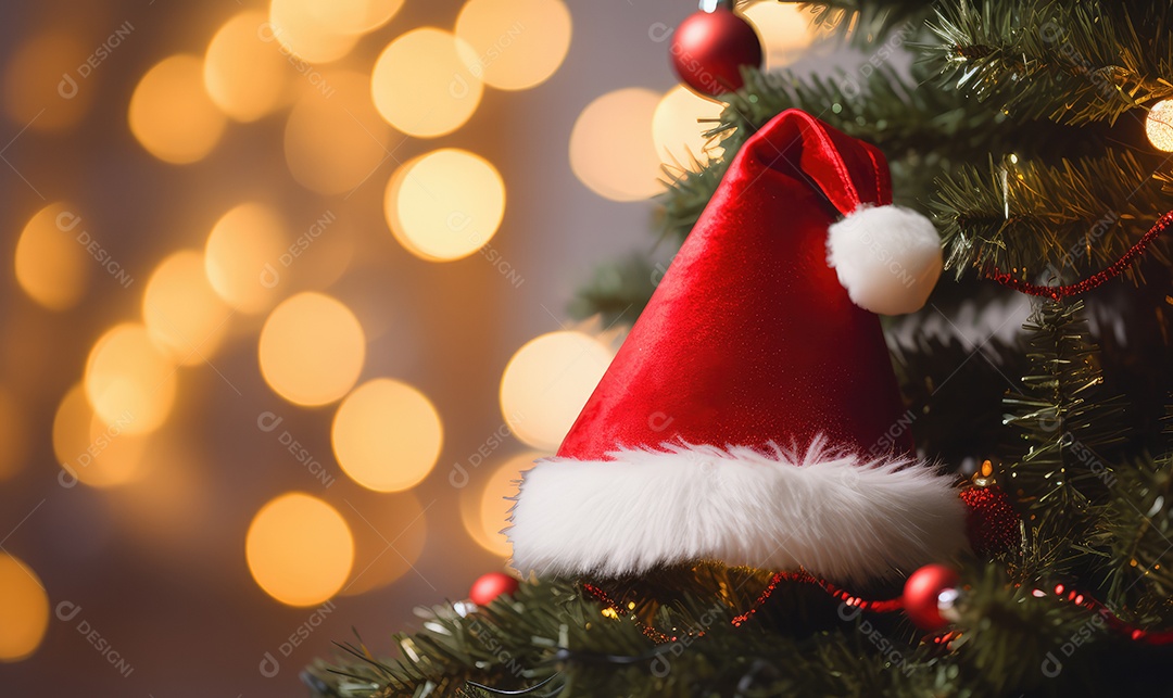 Gorro do Papai Noel para decoração de Natal com árvore decorada, espaçamento de texto e fundo bokeh