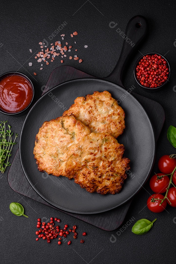 Deliciosos legumes grelhados, abobrinha, berinjela, pimentão e cogumelos com sal, especiarias e ervas sobre um fundo escuro de concreto