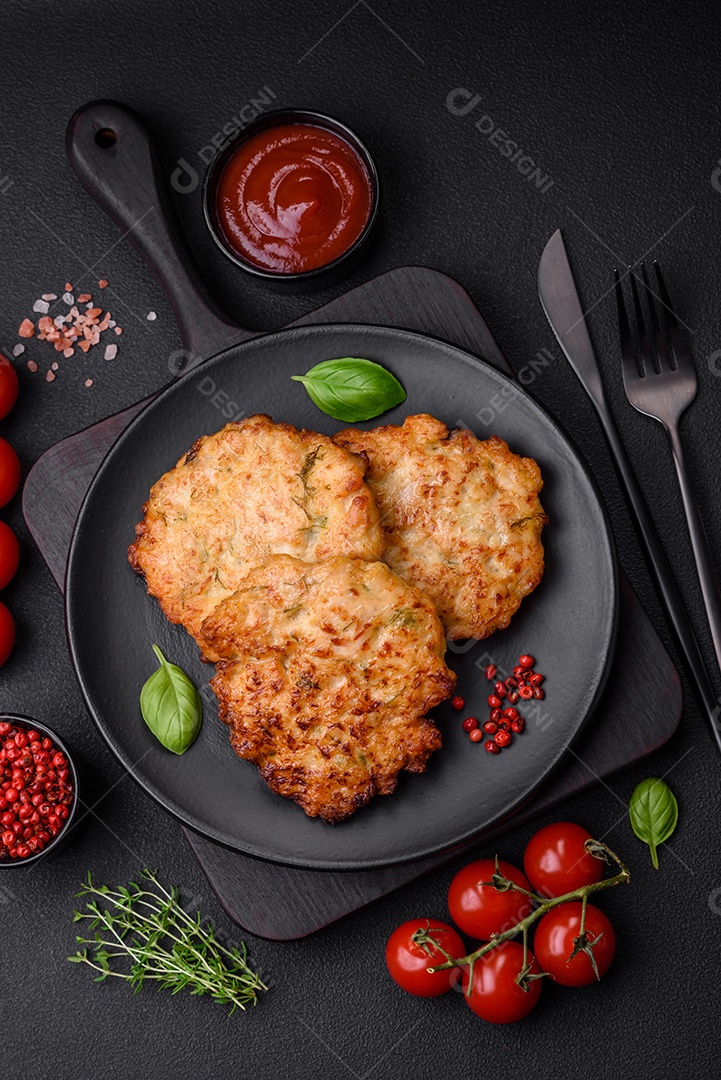 Deliciosos legumes grelhados, abobrinha, berinjela, pimentão e cogumelos com sal, especiarias e ervas sobre um fundo escuro de concreto