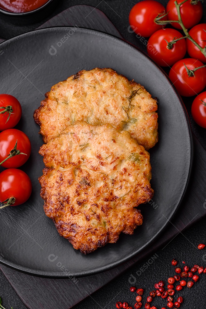 Deliciosos legumes grelhados, abobrinha, berinjela, pimentão e cogumelos com sal, especiarias e ervas sobre um fundo escuro de concreto