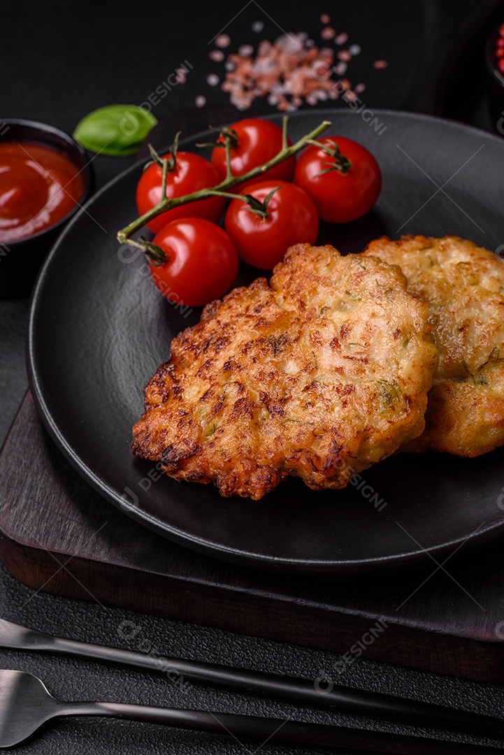 Deliciosos legumes grelhados, abobrinha, berinjela, pimentão e cogumelos com sal, especiarias e ervas sobre um fundo escuro de concreto