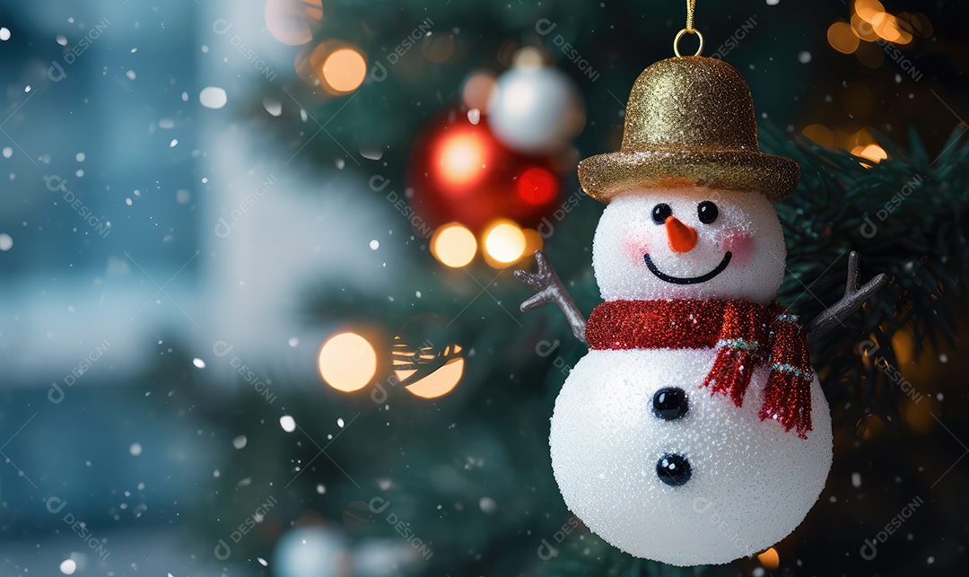 Decoração de Natal com árvore decorada, bolas, brinquedos, luzes, espaçamento de texto e fundo bokeh