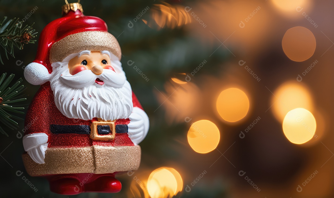 Decoração de Natal com árvore decorada, bolas, brinquedos, luzes, espaçamento de texto e fundo bokeh