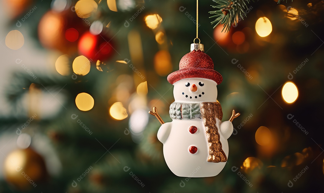 Decoração de Natal com árvore decorada, bolas, brinquedos, luzes, espaçamento de texto e fundo bokeh