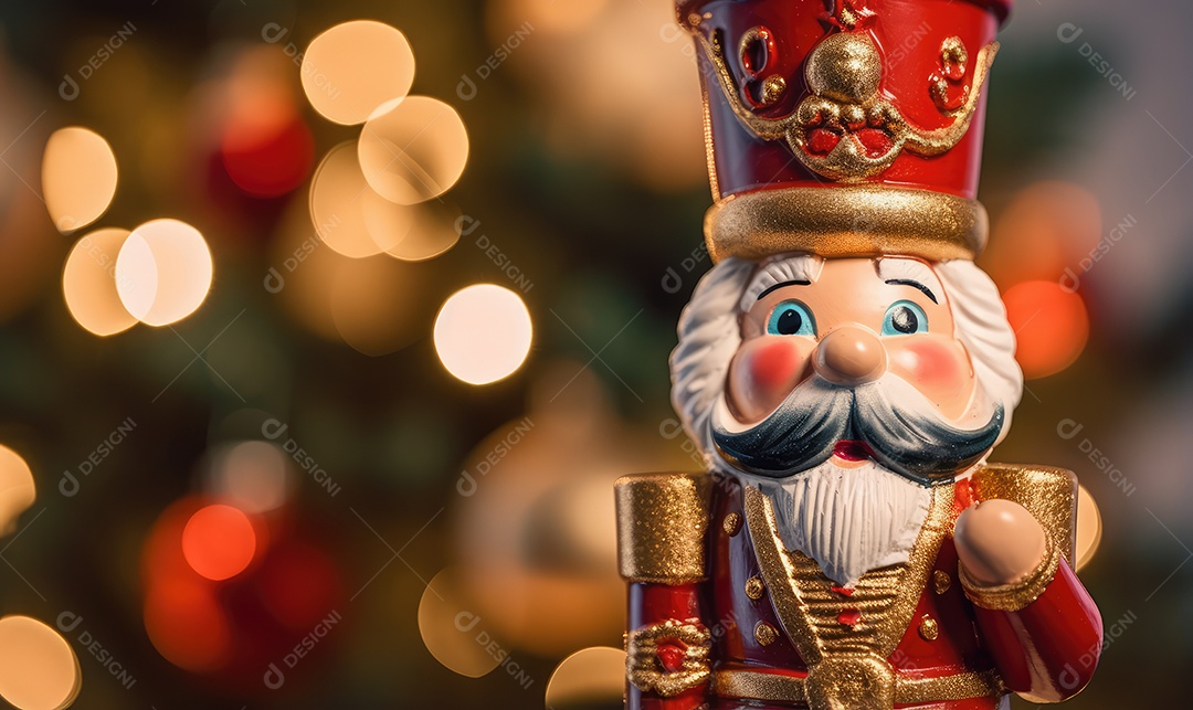 Decoração de Natal com árvore decorada, bolas, brinquedos, luzes, espaçamento de texto e fundo bokeh