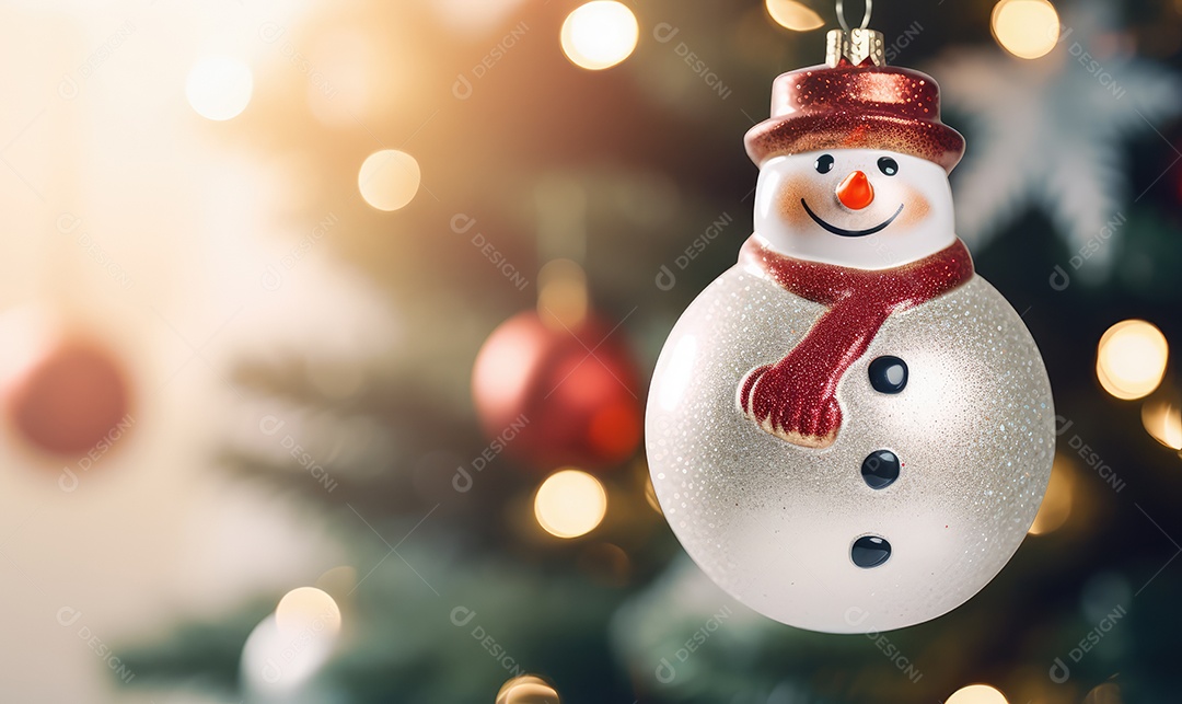 Decoração de Natal com árvore decorada, bolas, brinquedos, luzes, espaçamento de texto e fundo bokeh