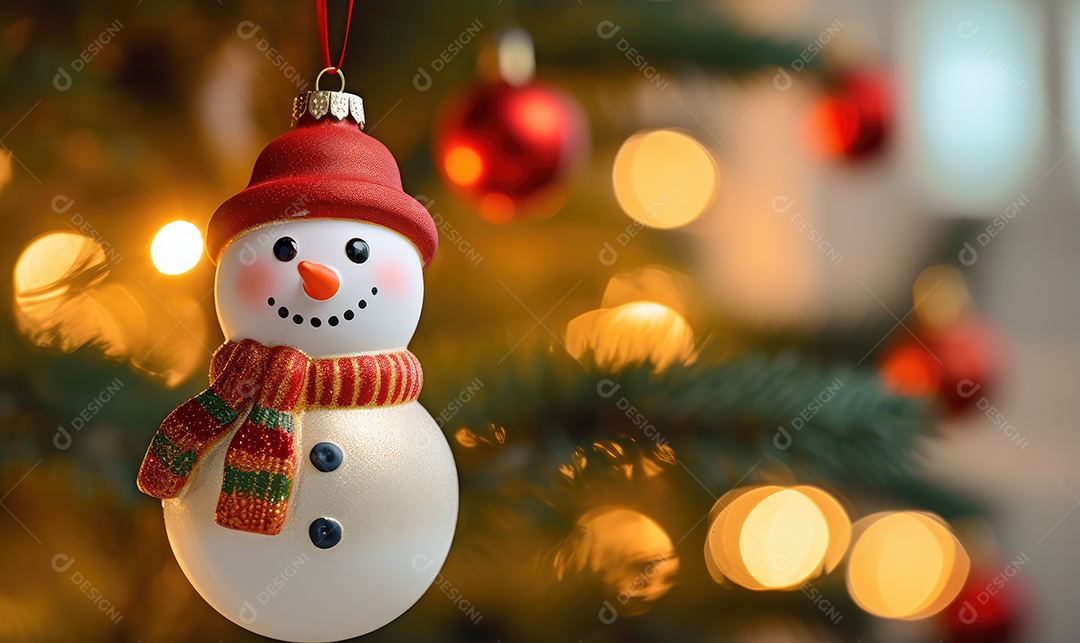 Decoração de Natal com árvore decorada, bolas, brinquedos, luzes, espaçamento de texto e fundo bokeh