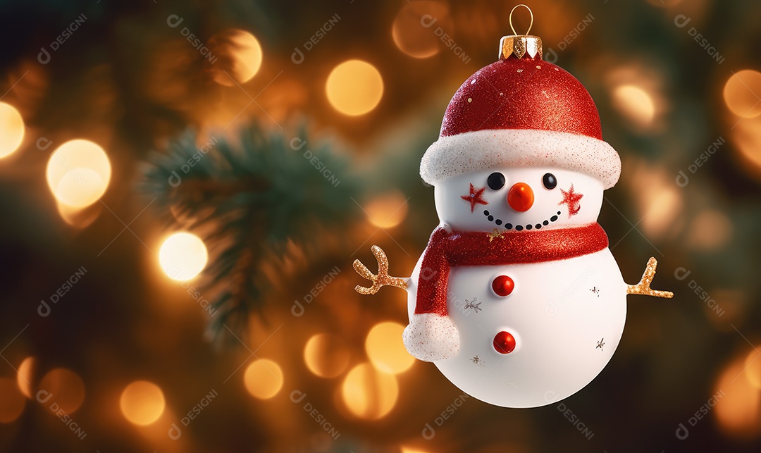 Decoração de Natal com árvore decorada, bolas, brinquedos, luzes, espaçamento de texto e fundo bokeh