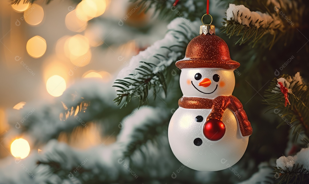 Decoração de Natal com árvore decorada, bolas, brinquedos, luzes, espaçamento de texto e fundo bokeh