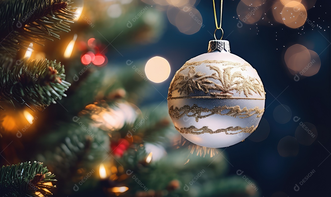 Decoração de Natal com árvore decorada, bolas, brinquedos, luzes