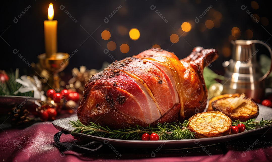 Presunto de porco assado defumado de Natal cortado em tábua de madeira com decoração de Natal