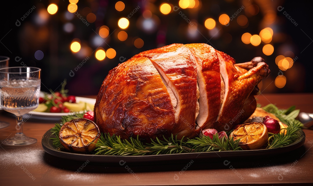 Presunto de porco assado defumado de Natal cortado em tábua de madeira com decoração de Natal