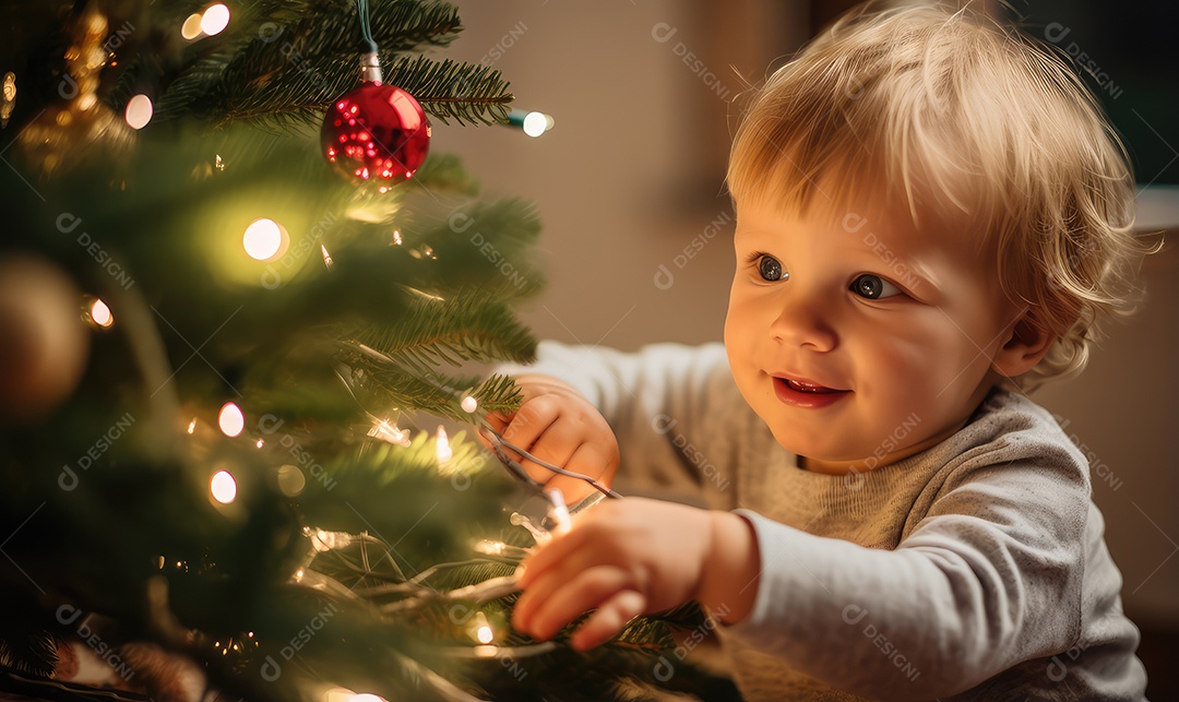 Criança decorando e decorando a árvore de Natal, bolas, brinquedos, luzes, com fundo bokeh