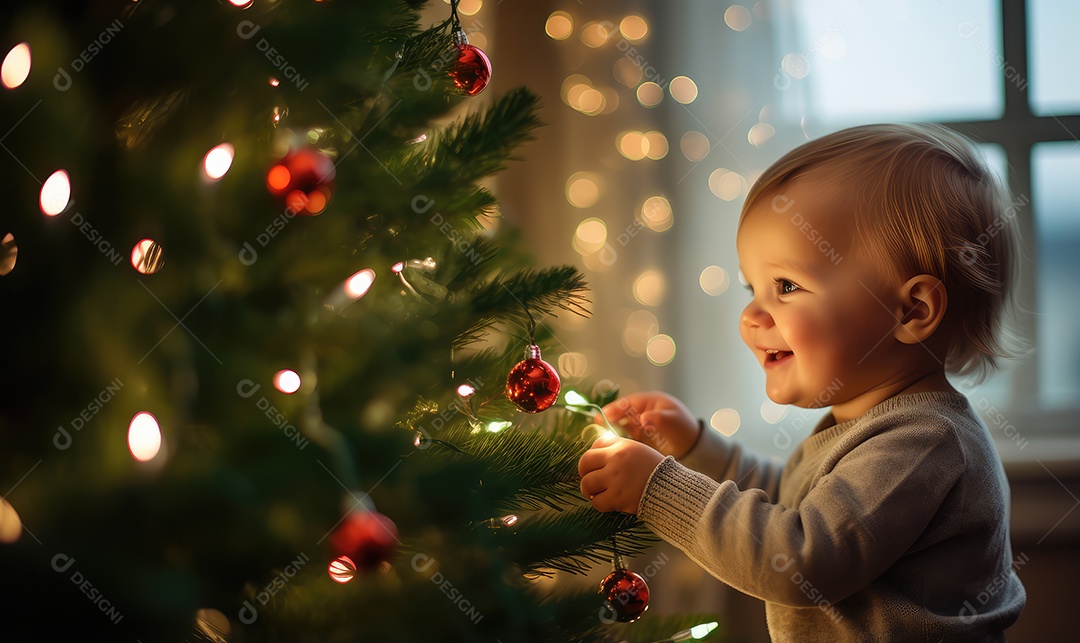 Criança decorando e decorando a árvore de Natal, bolas, brinquedos, luzes, com fundo bokeh