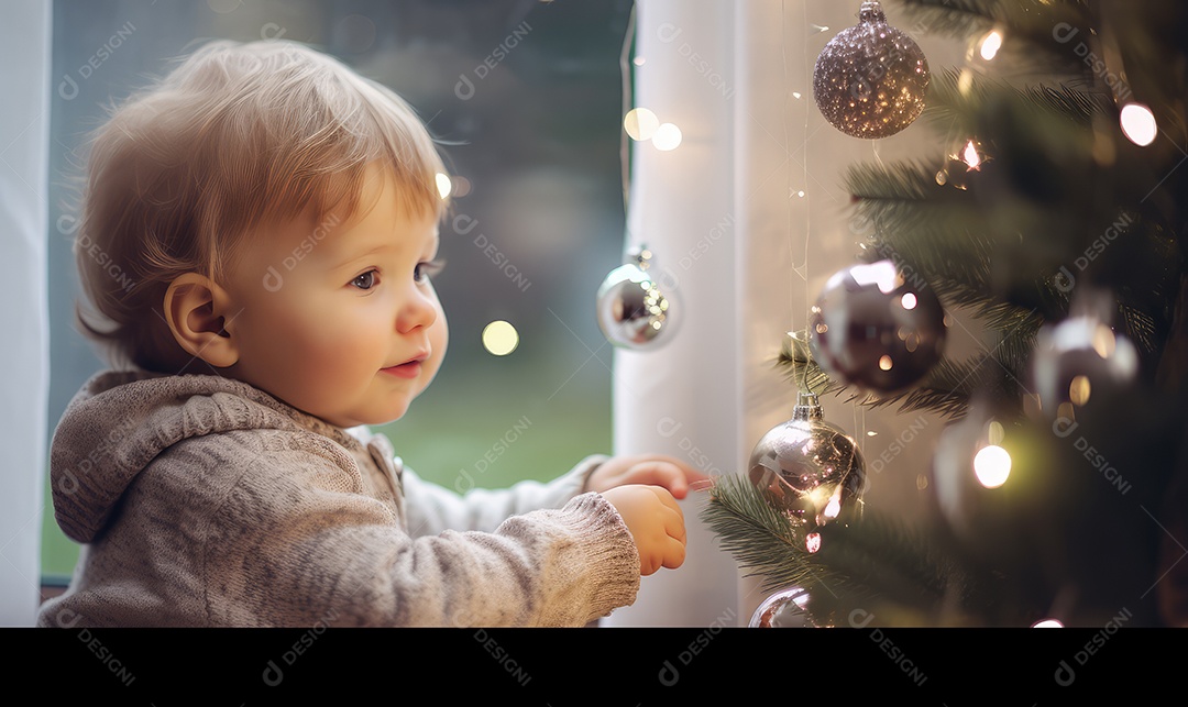 Crianças decorando e decorando a árvore de Natal, bolas, brinquedos, luzes, com fundo bokeh