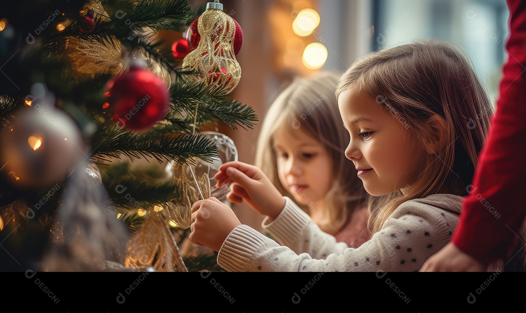Crianças decorando e decorando a árvore de Natal, bolas, brinquedos, luzes, com fundo bokeh