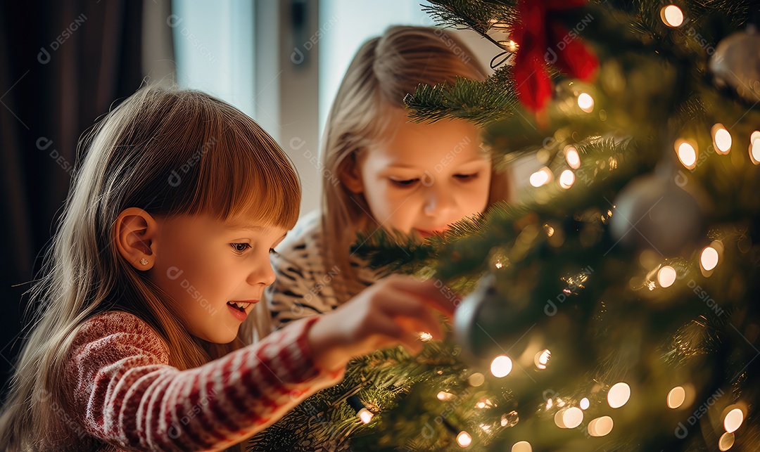 Crianças decorando e decorando a árvore de Natal, bolas, brinquedos, luzes, com fundo bokeh