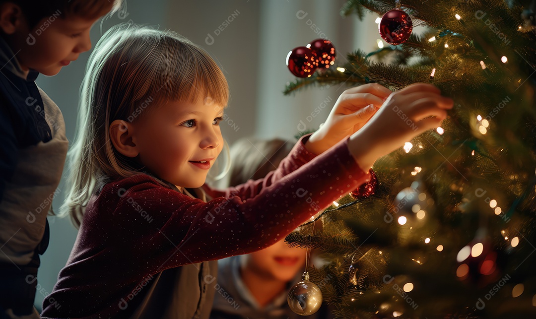 Crianças decorando e decorando a árvore de Natal, bolas, brinquedos, luzes, com fundo bokeh