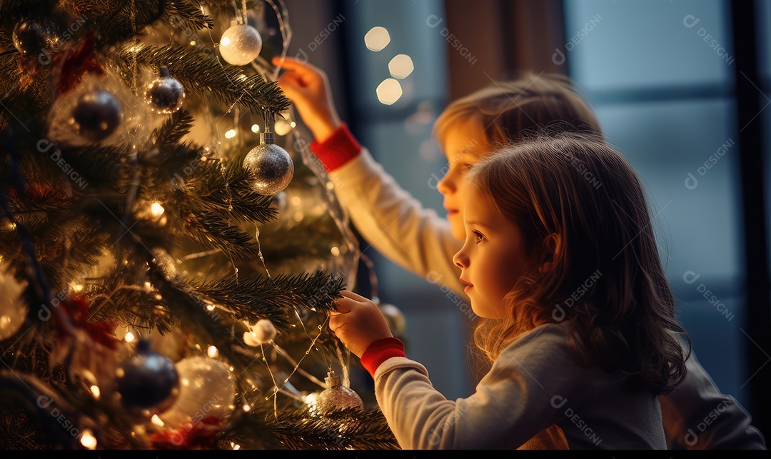 Crianças decorando e decorando a árvore de Natal, bolas, brinquedos, luzes, com fundo bokeh