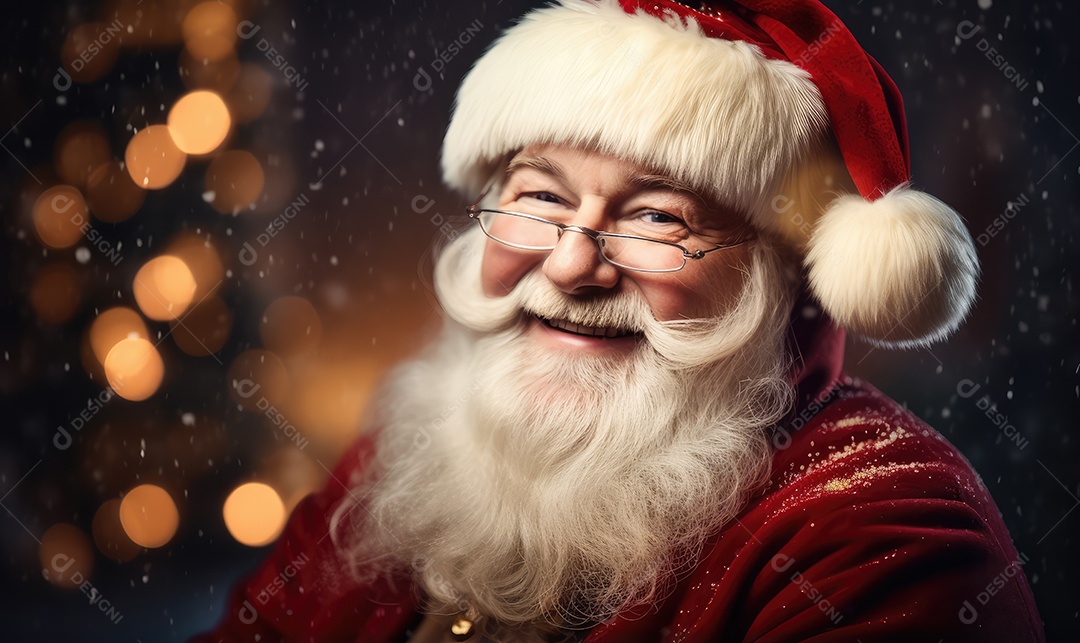 Retrato do simpático e bonito Papai Noel em sua casa sorrindo e olhando sorrindo para a câmera