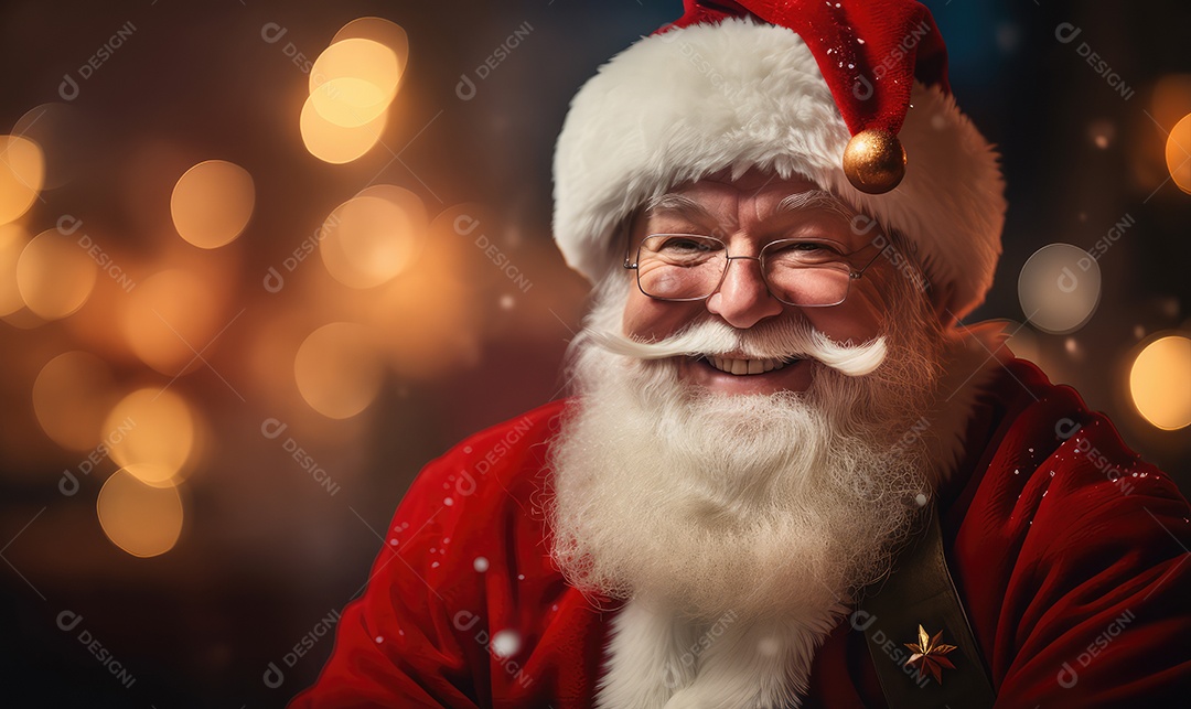 Retrato do simpático e bonito Papai Noel em sua casa sorrindo e olhando sorrindo para a câmera