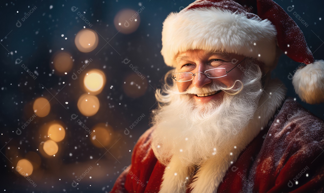 Retrato do simpático e bonito Papai Noel em sua casa sorrindo e olhando sorrindo para a câmera