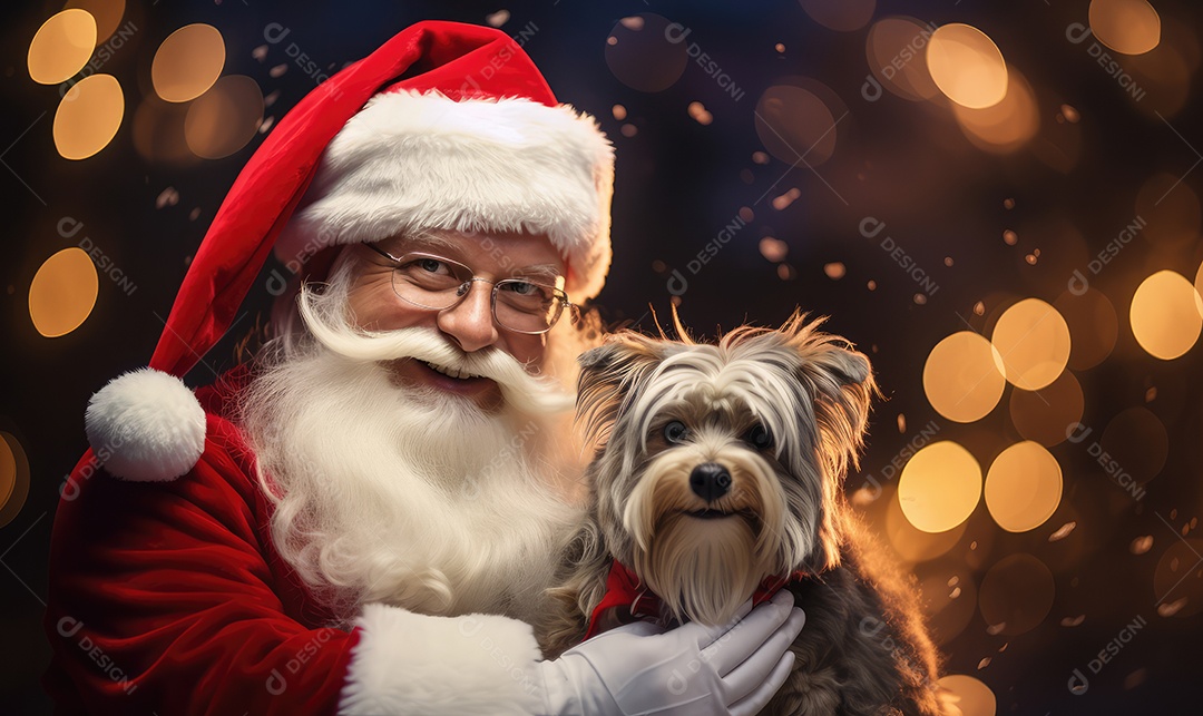 Papai Noel com um cachorro no colo sentado na cadeira olhando para a câmera em um ensaio fotográfico