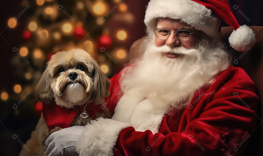 Papai Noel com um cachorro no colo sentado na cadeira olhando para a câmera em um ensaio fotográfico