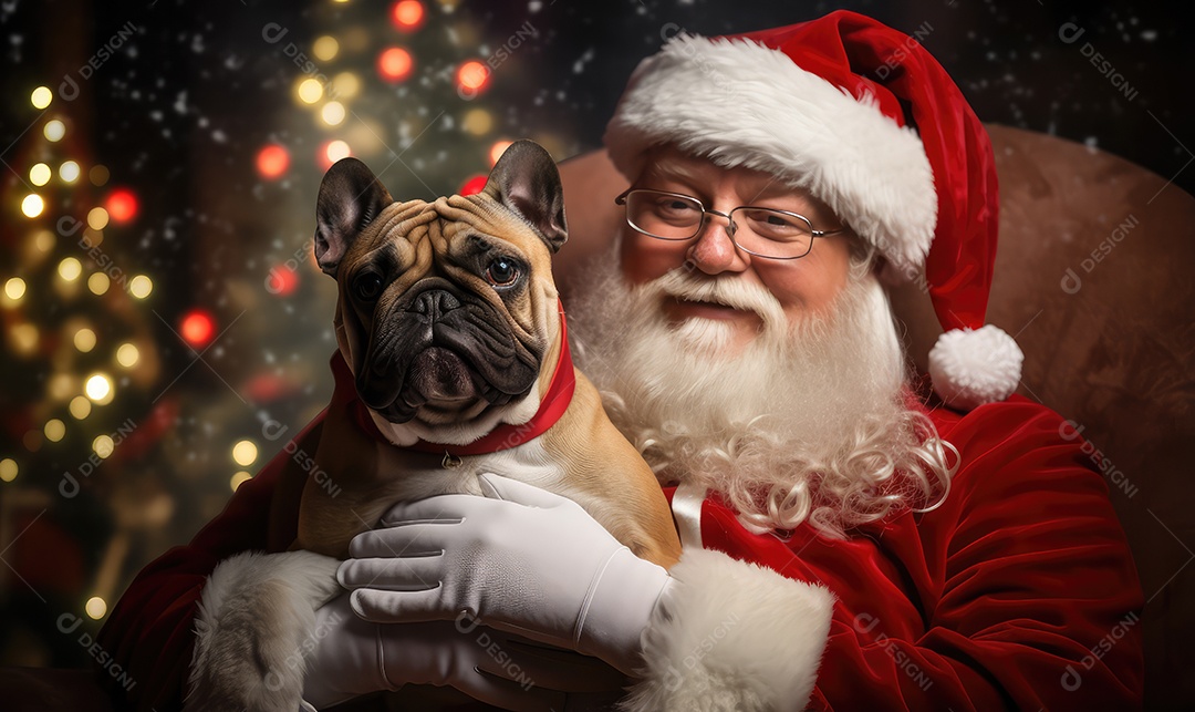 Papai Noel com um cachorro no colo sentado na cadeira olhando para a câmera em um ensaio fotográfico
