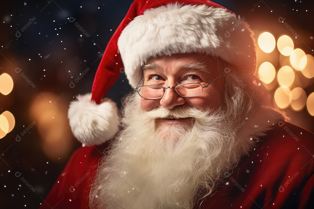 Retrato do simpático e bonito Papai Noel em sua casa sorrindo e olhando sorrindo para a câmera