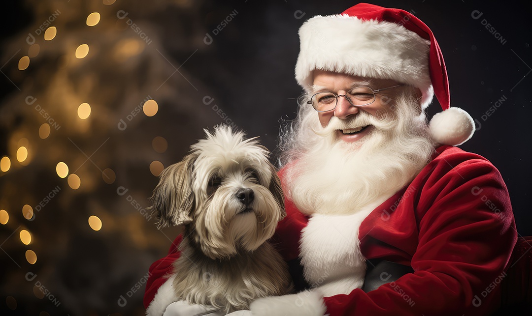 Papai Noel com um cachorro no colo sentado na cadeira olhando para a câmera em um ensaio fotográfico