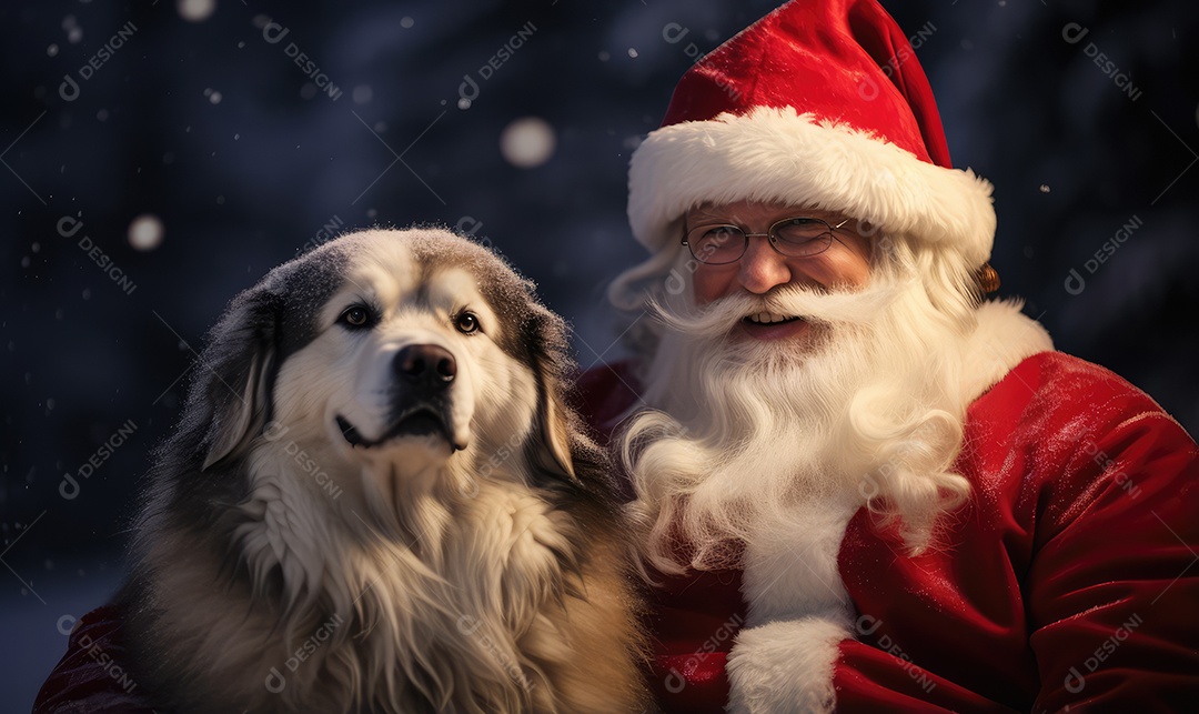 Papai Noel com um cachorro no colo sentado na cadeira olhando para a câmera em um ensaio fotográfico
