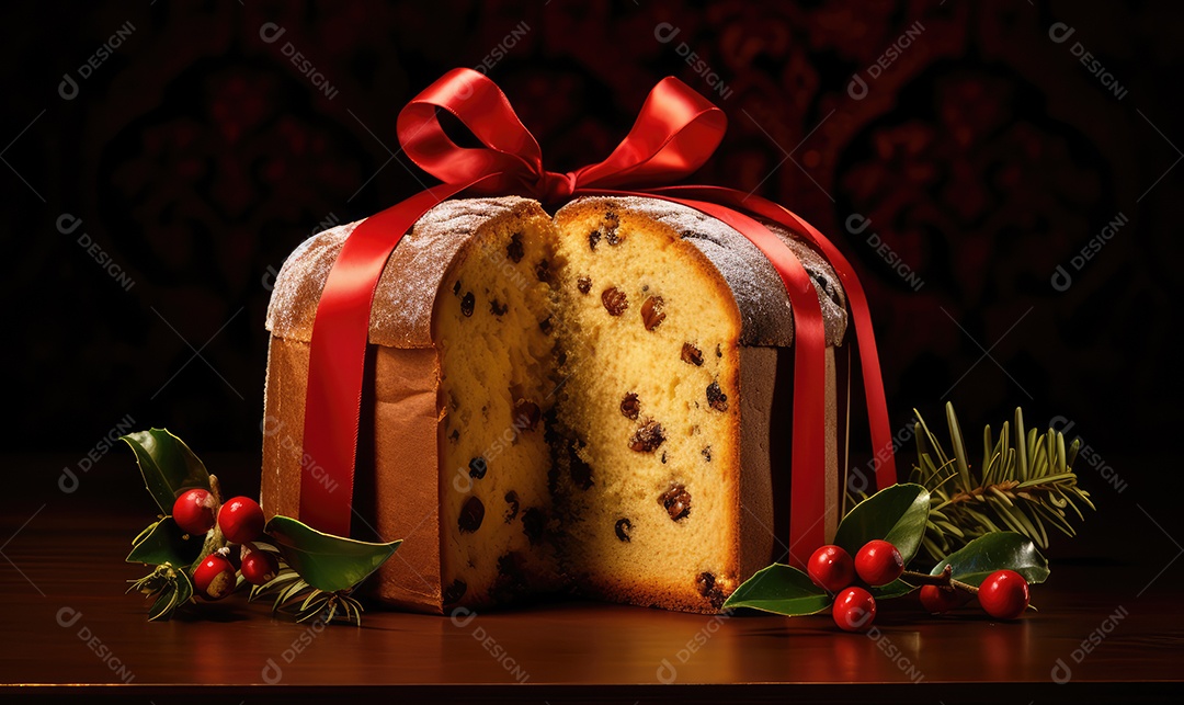 Panetone com chocolate e tradicional bolo de sobremesa italiana em mesa decorada na véspera de Natal