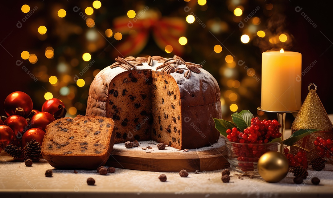 Panetone com chocolate e tradicional bolo de sobremesa italiana em mesa decorada na véspera de Natal