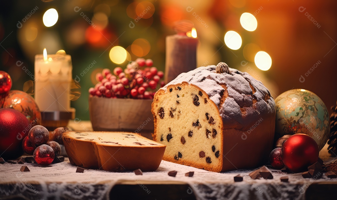 Panetone com chocolate e tradicional bolo de sobremesa italiana em mesa decorada na véspera de Natal