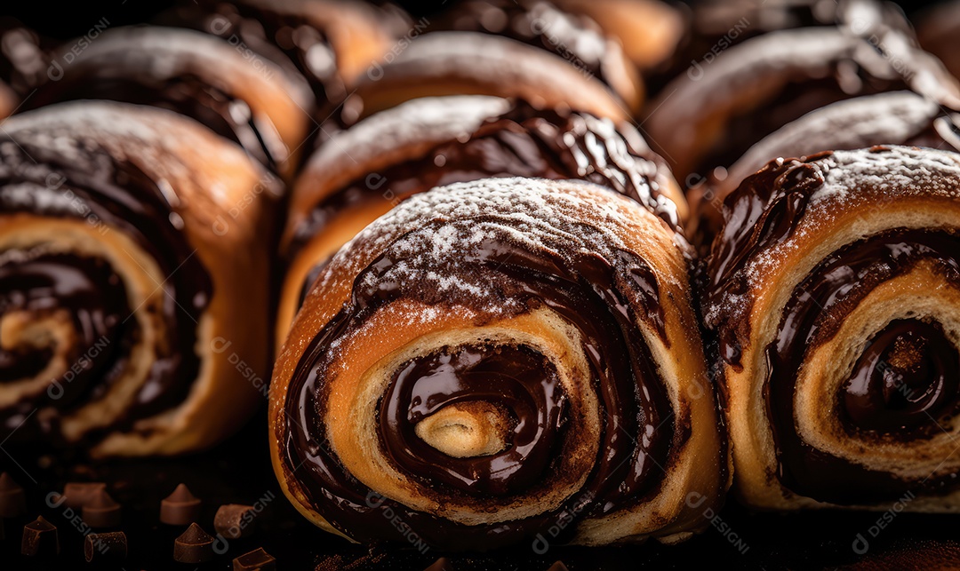 Massa folhada tradicional com creme e calda de chocolate na mesa