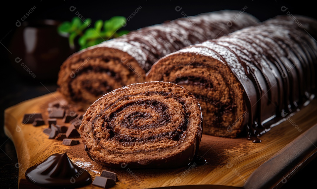 Rocambole de chocolate com creme, doce de leite e calda de chocolate tradicional em cima da mesa