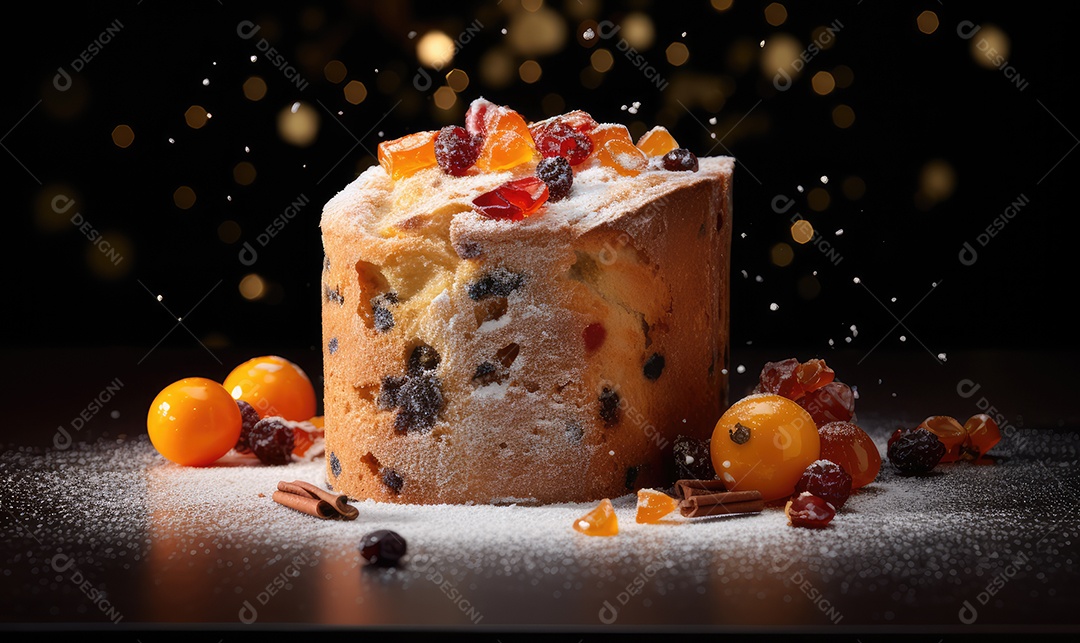 Panetone com bolo italiano tradicional de frutas cristalizadas em mesa decorada na véspera de Natal