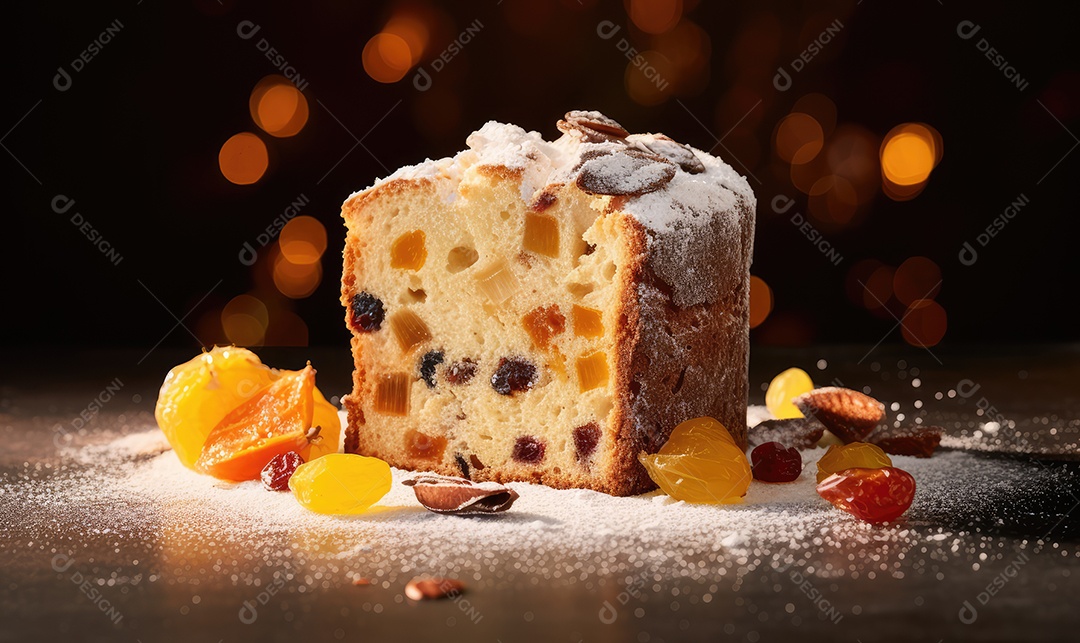 Panetone com chocolate e tradicional bolo de sobremesa italiana em mesa decorada na véspera de Natal