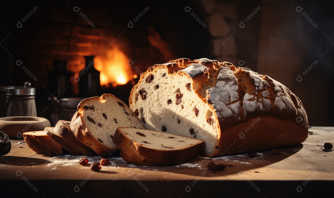 Panetone com chocolate e tradicional bolo de sobremesa italiana em mesa decorada na véspera de Natal