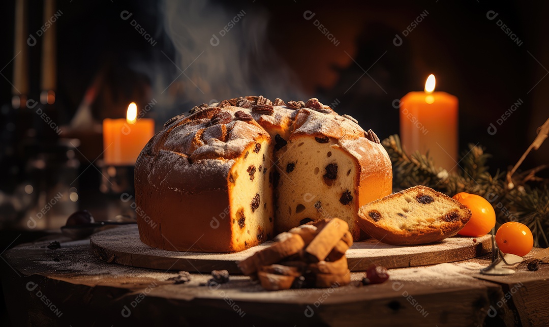 Panetone com chocolate e tradicional bolo de sobremesa italiana em mesa decorada na véspera de Natal