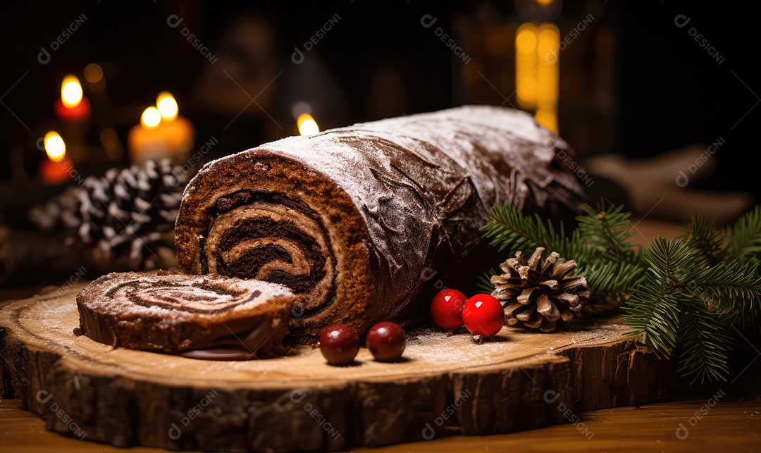 Rocambole de chocolate com creme, doce de leite e calda de chocolate tradicional em cima da mesa