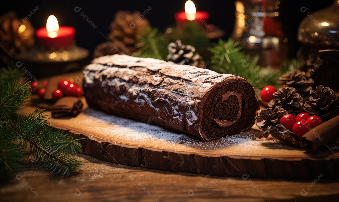 Rocambole de chocolate com creme, doce de leite e calda de chocolate tradicional em cima da mesa