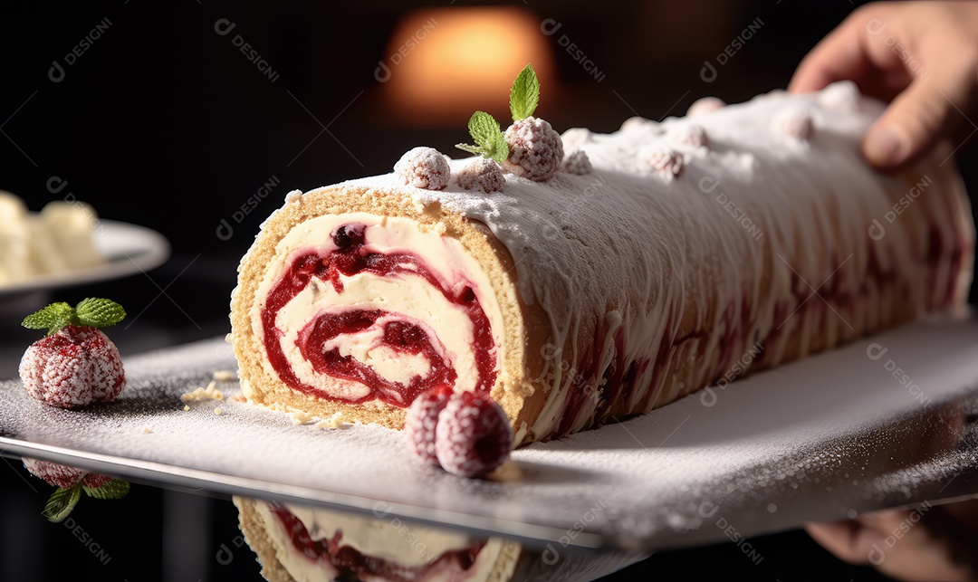 Rocambole de chocolate com creme, doce de leite e calda de chocolate tradicional em cima da mesa