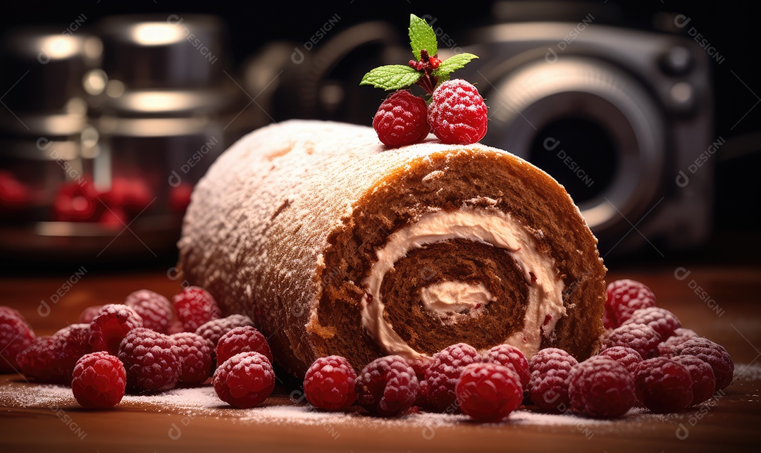 Rocambole de chocolate com creme, doce de leite e calda de chocolate tradicional em cima da mesa