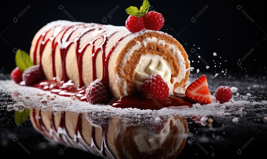 Rocambole de morango com recheio de creme e doce de leite com calda de chocolate tradicional