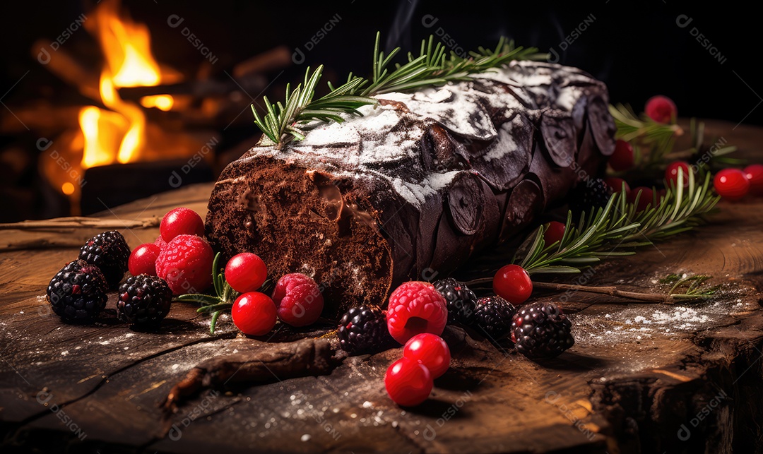 Rocambole de chocolate com creme, doce de leite e calda de chocolate tradicional em cima da mesa