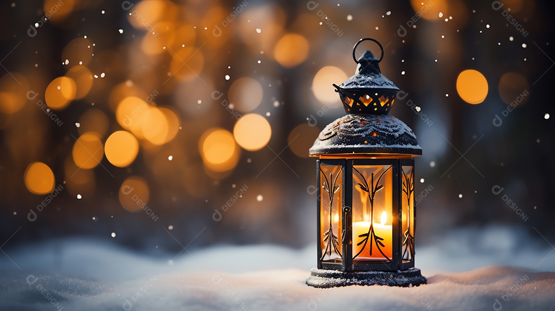 Lanterna de Natal sobre fundo de neve com ramo de abeto na cena noturna