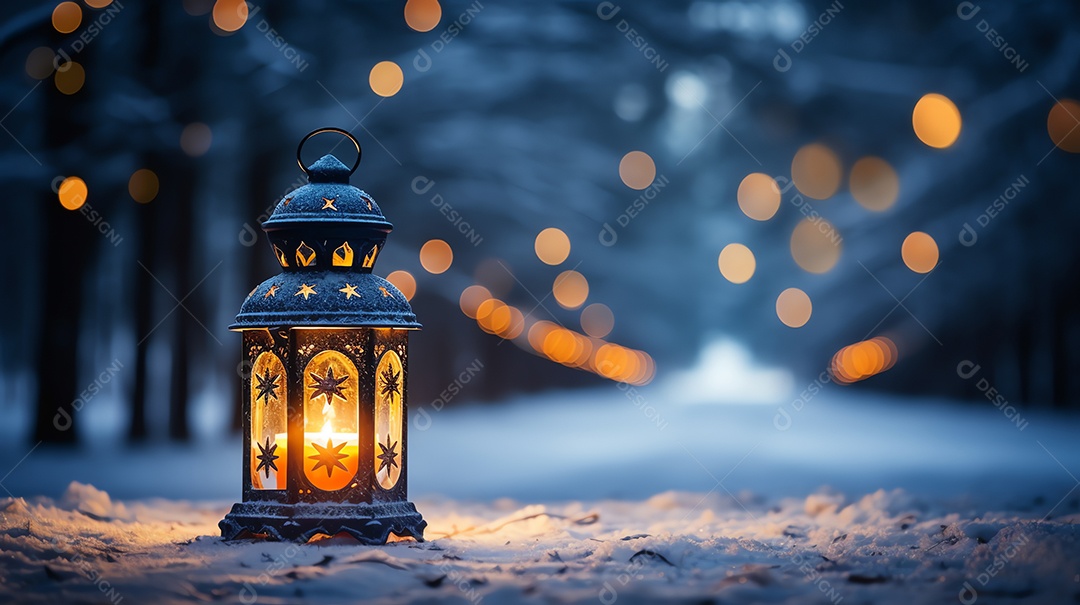 Lanterna de Natal sobre fundo de neve com ramo de abeto na cena noturna